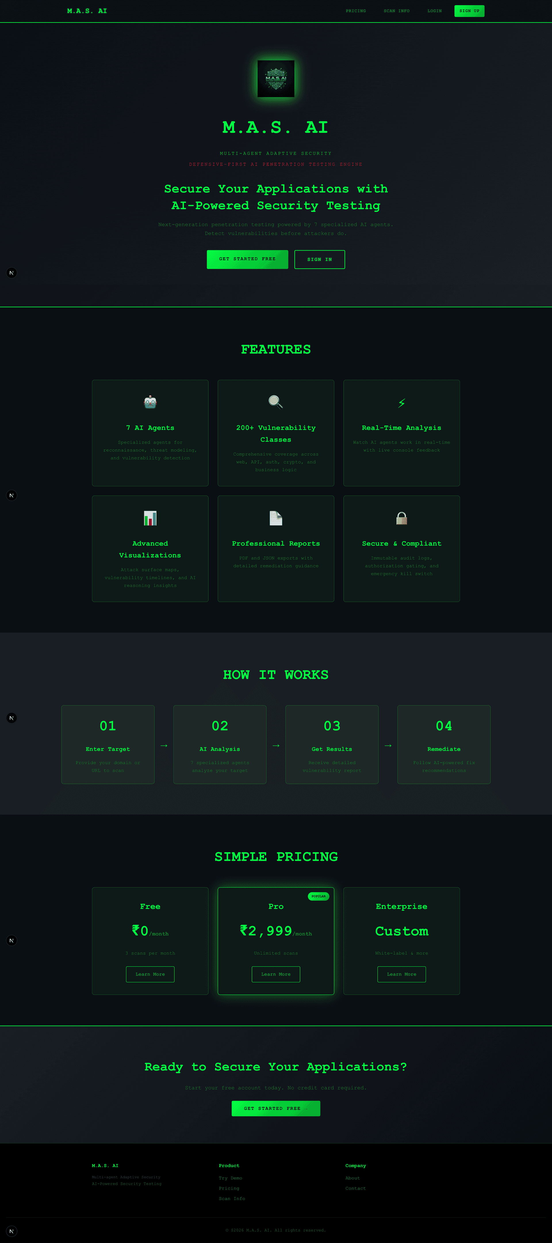 Landing Page: Hero section emphasizing defensive-first security, 10 specialized scanners, and enterprise-grade features. Clear value proposition targets security teams and developers.