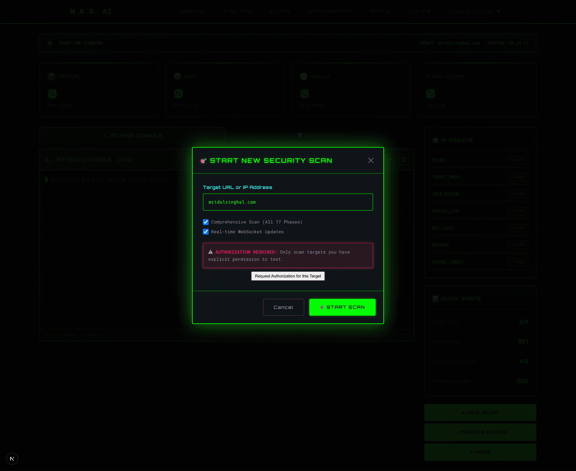 Scan Execution: Live attack console demonstrating AI agent reasoning. Each log entry shows scanner type, severity, and detailed findings. Kill switch button (top-right) enables emergency termination.