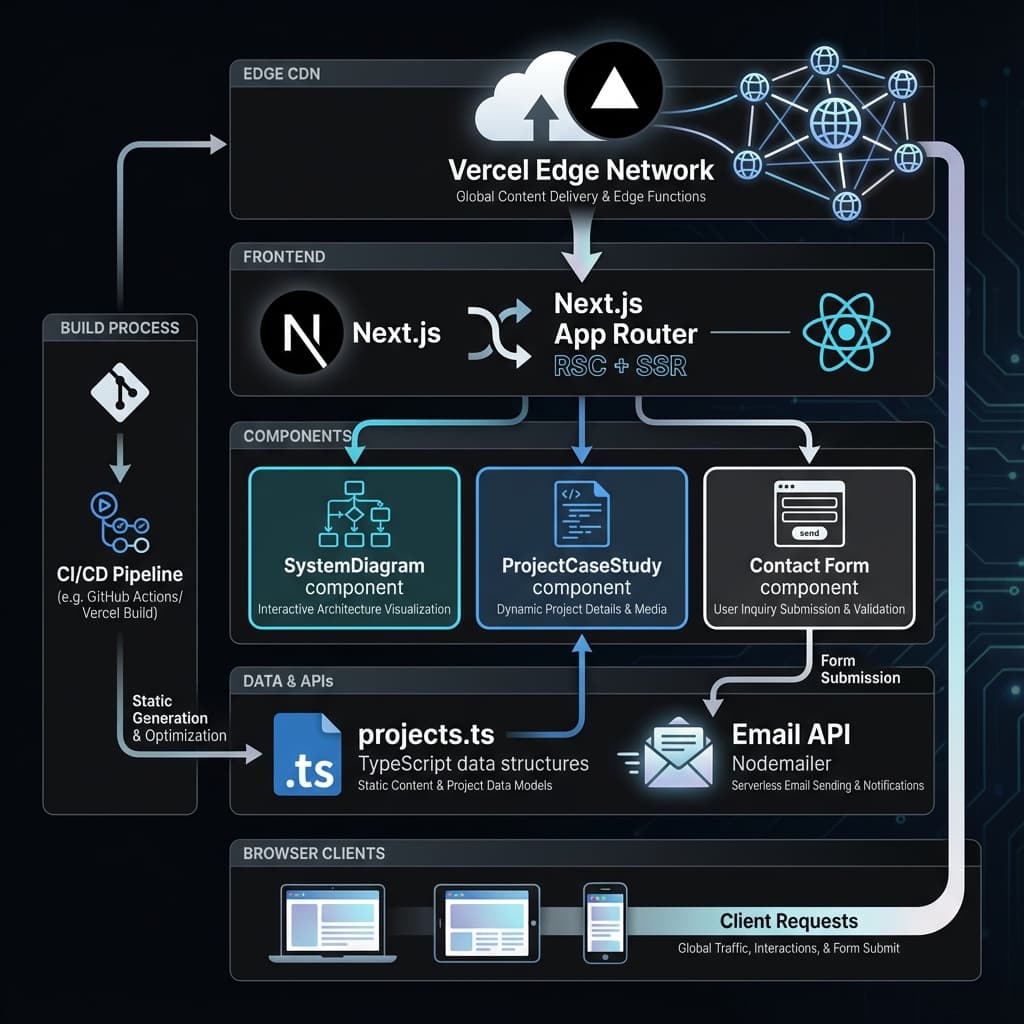Next.js Portfolio Architecture: Edge CDN, App Router with RSC, component layer, data/API layer, serving multiple device clients