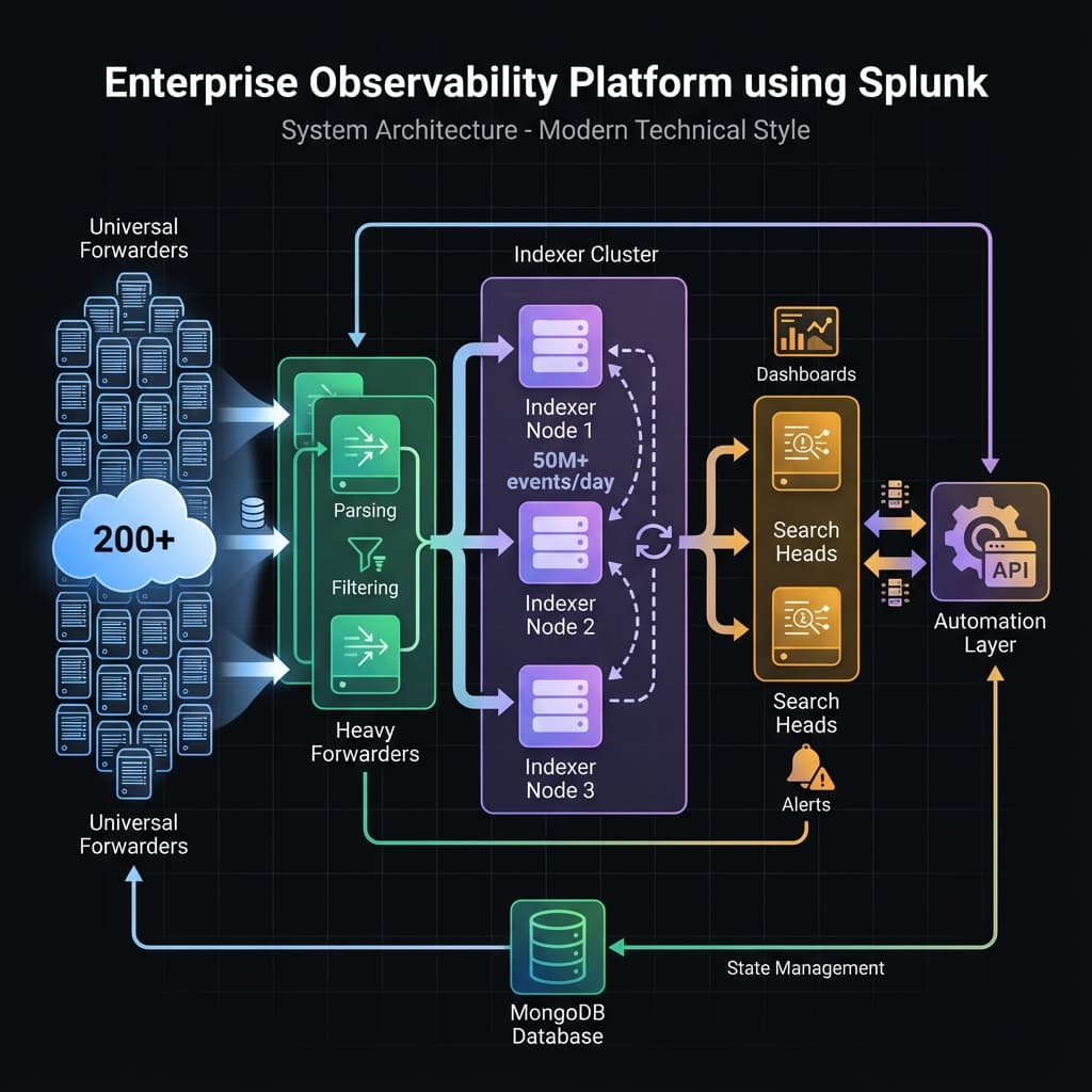 Enterprise Observability Platform Architecture: Data pipeline from 200+ servers through forwarders, indexers, search heads, to automation layer