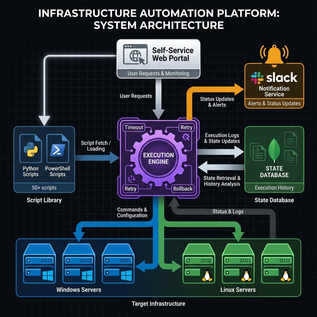 Infrastructure Automation Platform: Self-service portal, script library (Python/PowerShell), execution engine with rollback, state database, notification service, targeting Windows/Linux servers